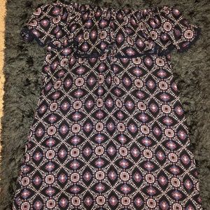 Off Shoulder Crochet Trim Print Pocketed Dress